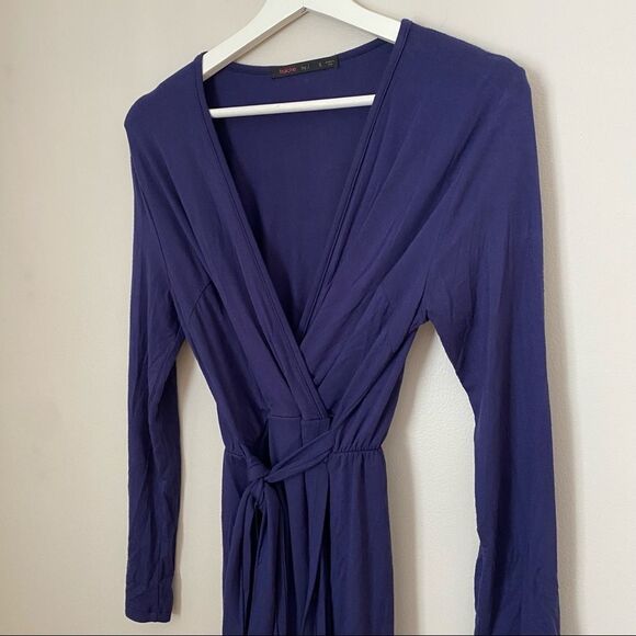 Fraiche by J Dress Wrap Long Sleeve Blue Casual Comfy Neutral Trendy Dinner Date - Picture 2 of 8